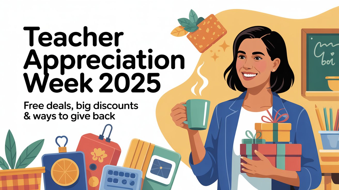 Teacher smiling and holding gift bag during Teacher Appreciation Week 202
